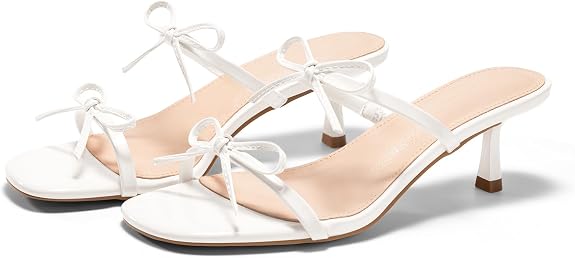 Coutgo Womens Kitten Heels Sandals Bow Square Open Toe Slides Two Strap Slip On Summer Dress Shoes