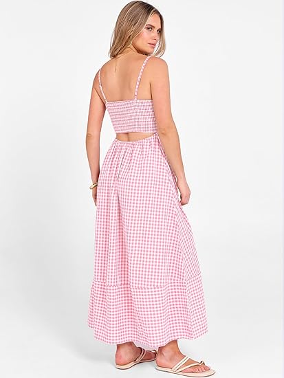 Caracilia Womens Maxi Dresses Gingham Spaghetti Strap Back Smocked Flowy Long Sundress Summer Beach Vacation Clothes 2026
