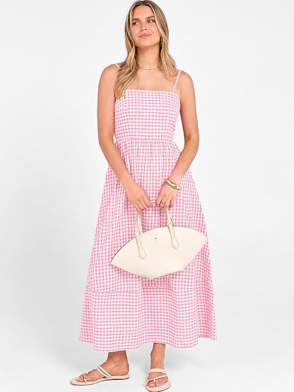 Caracilia Womens Maxi Dresses Gingham Spaghetti Strap Back Smocked Flowy Long Sundress Summer Beach Vacation Clothes 2026