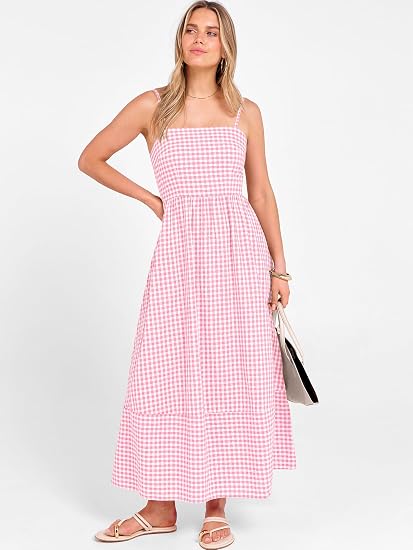 Caracilia Womens Maxi Dresses Gingham Spaghetti Strap Back Smocked Flowy Long Sundress Summer Beach Vacation Clothes 2026