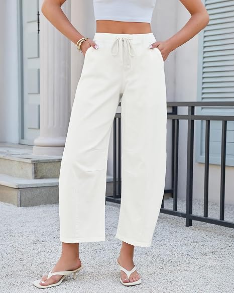 GRAPENT Barrel Jeans for Women Trendy High Waisted Cropped Baggy Wide Leg Pull On Elastic Waist Stretchy Denim Pants