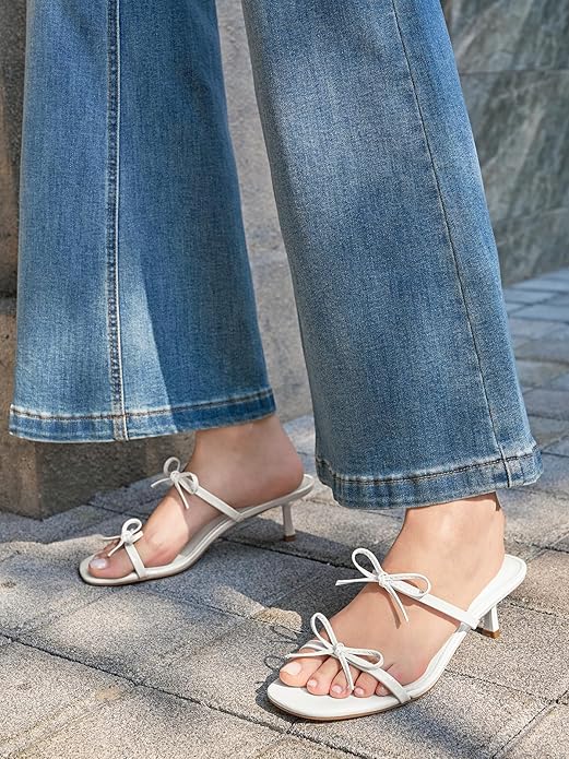 Coutgo Womens Kitten Heels Sandals Bow Square Open Toe Slides Two Strap Slip On Summer Dress Shoes