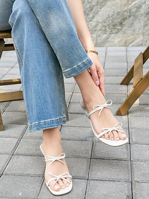 Coutgo Womens Kitten Heels Sandals Bow Square Open Toe Slides Two Strap Slip On Summer Dress Shoes
